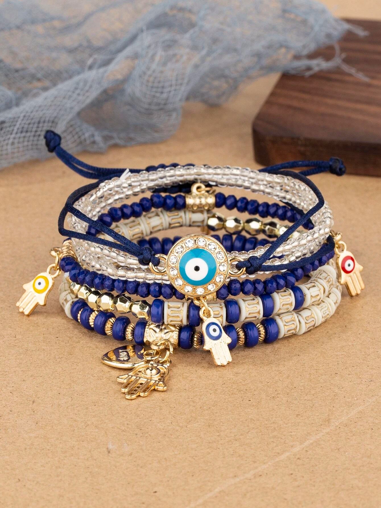 Evil Eye, Hamsa Hand & Heart Charm Beaded Bracelet Set