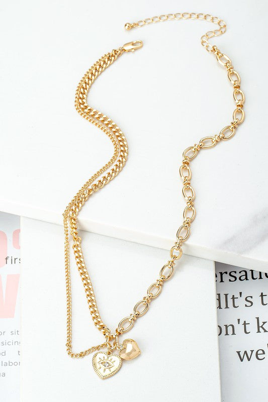 Asymmetric mix chain with heart pendant necklace