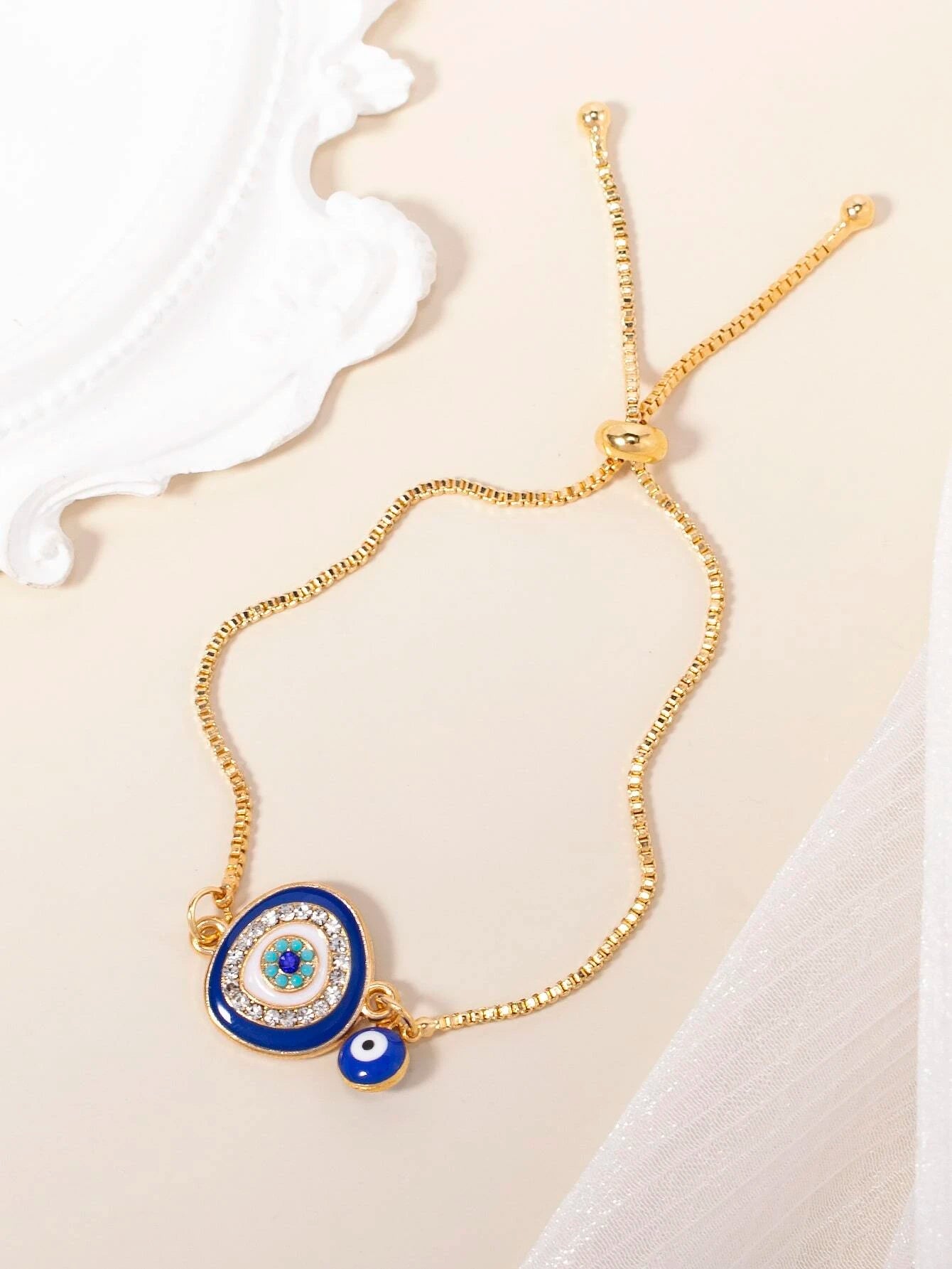 Adjustable Rhinestone Evil Eye Charm Bracelet