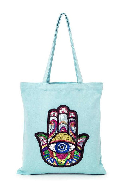 Iconic Hamsa Eye Sequins Patch Canvas Tote