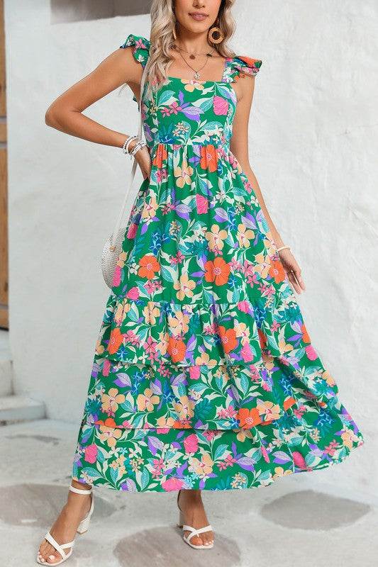 Boho Floral Ruffle Sleeveless Tiered Maxi Dress