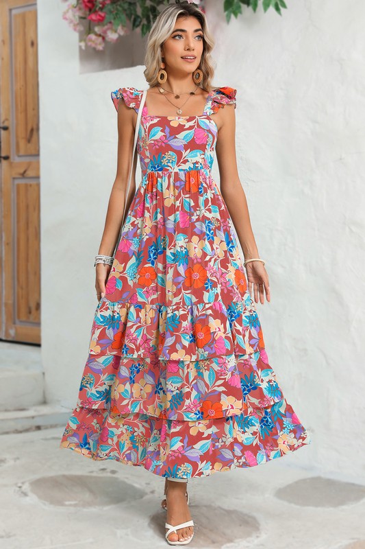 Boho Floral Ruffle Sleeveless Tiered Maxi Dress