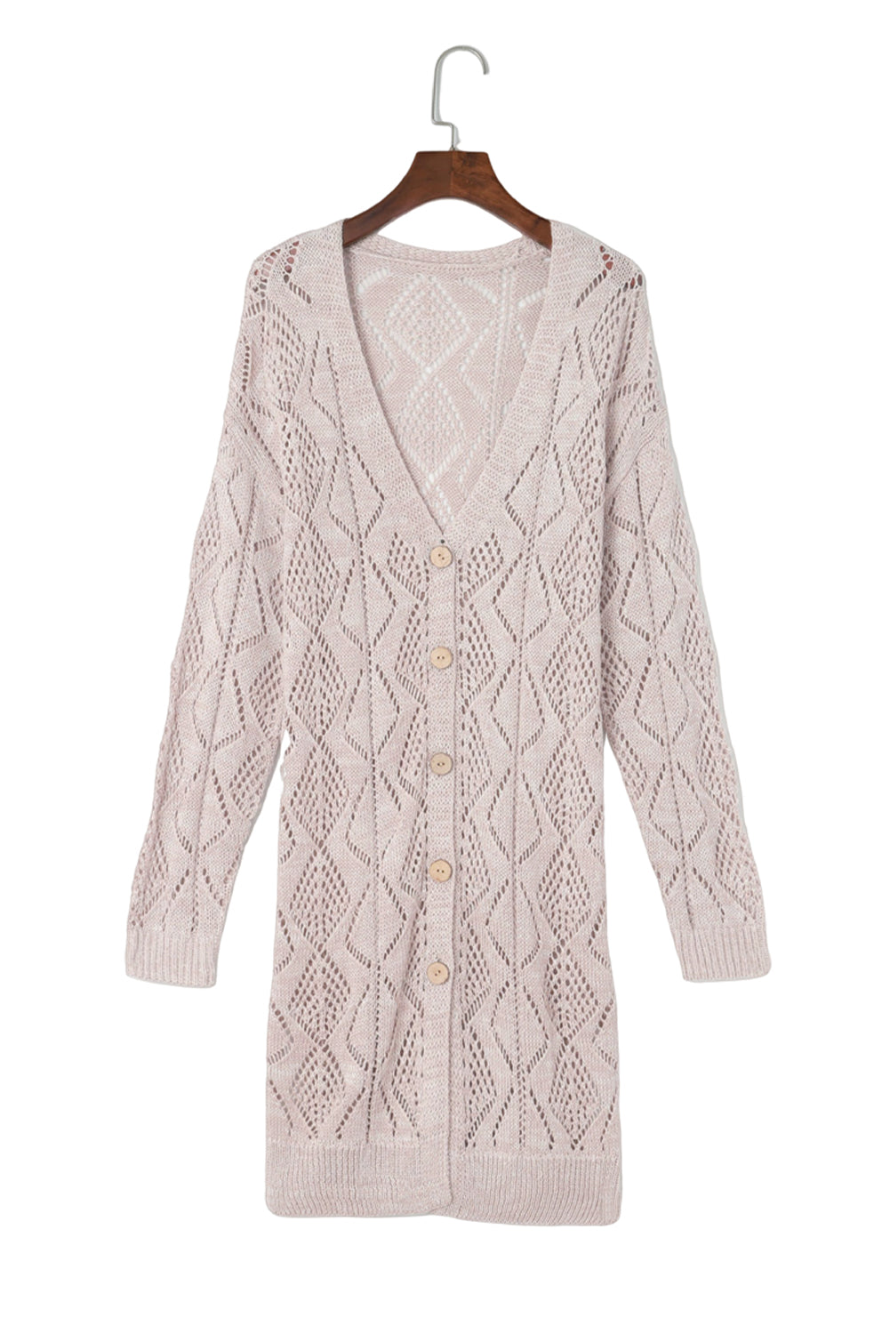 Khaki Hollow-out Openwork Knit Cardigan