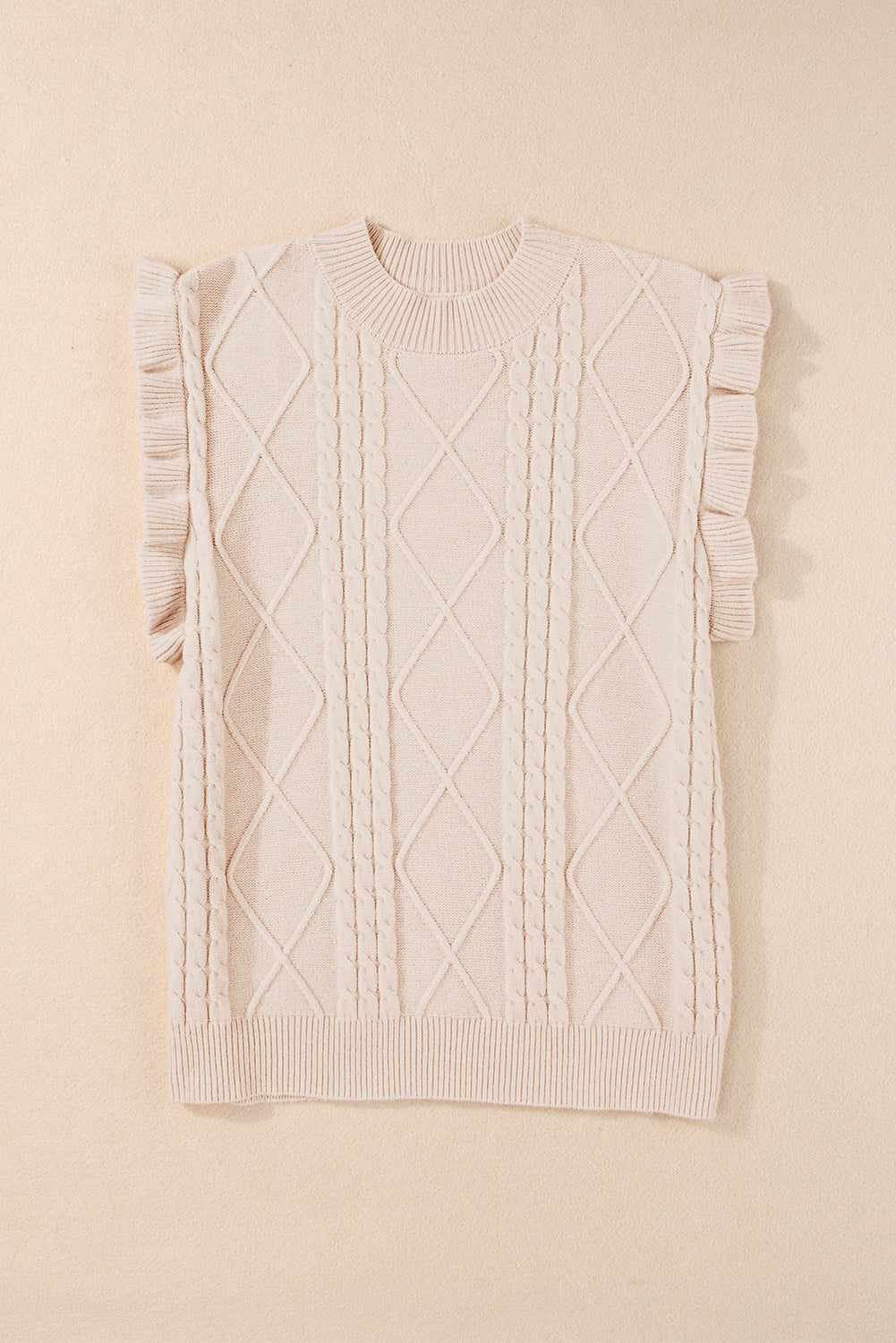 Parchment Cable Knit Mock Neck Cap Sleeve Sweater