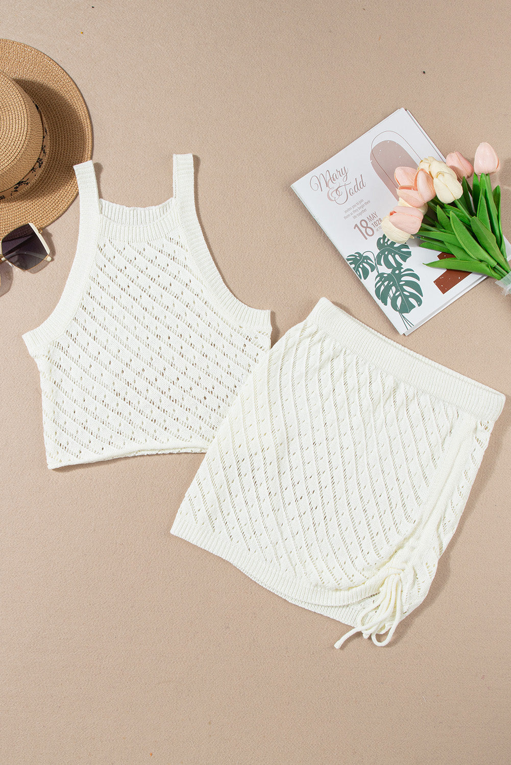 White Hollowed Crochet Cropped 2 Piece Beach Dress