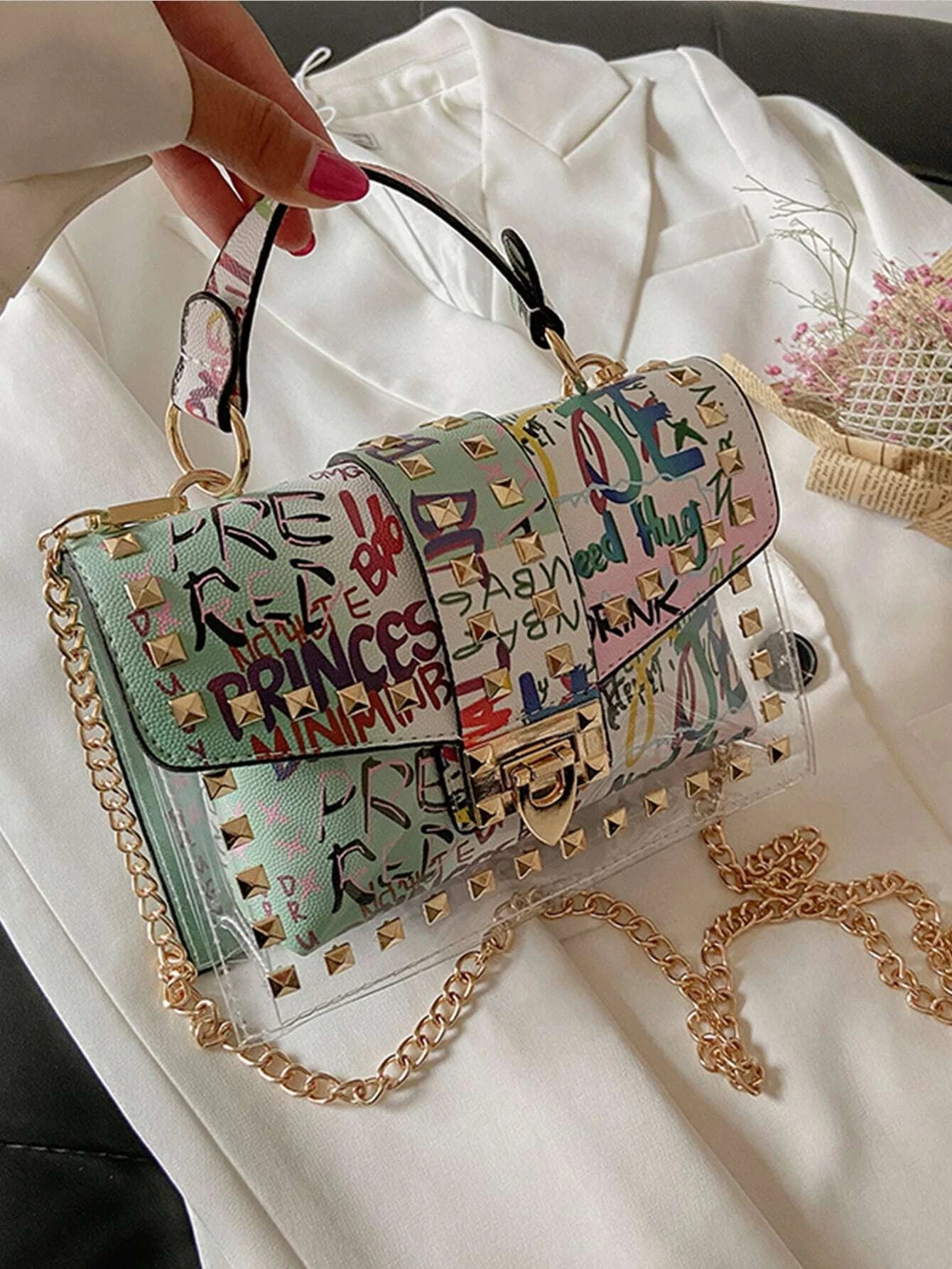 Clear Graffiti Print Studded Chain Square Bag