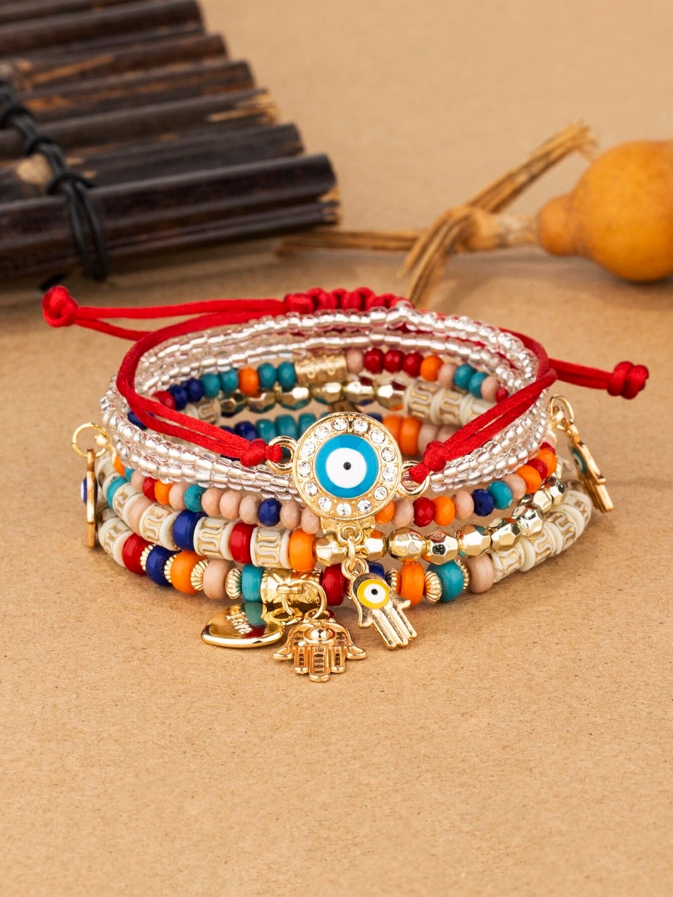 Evil Eye,  Hamsa Hand & Heart Charm Beaded Bracelet Set