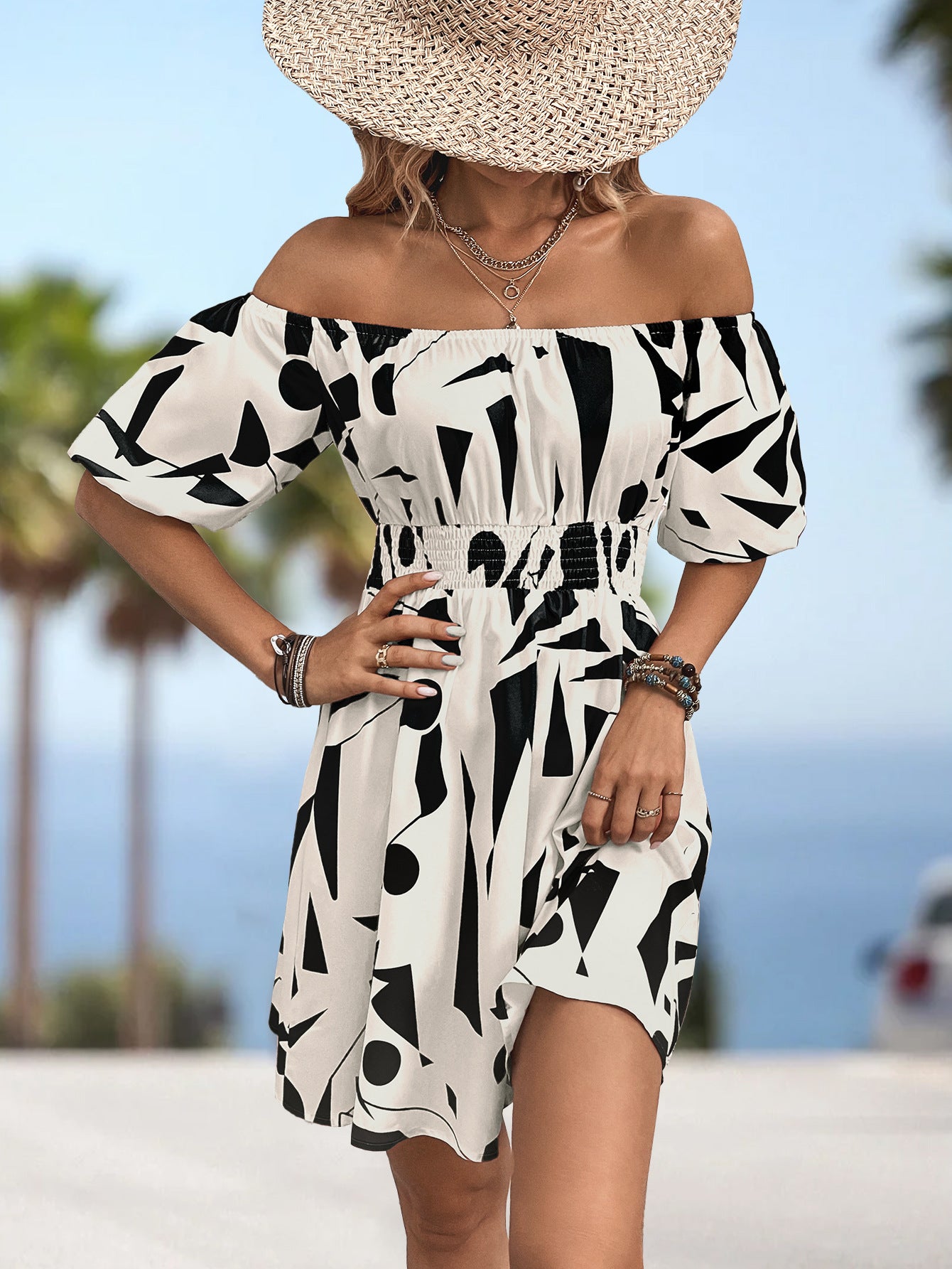 Printed Off-Shoulder Smocked Waist Dress