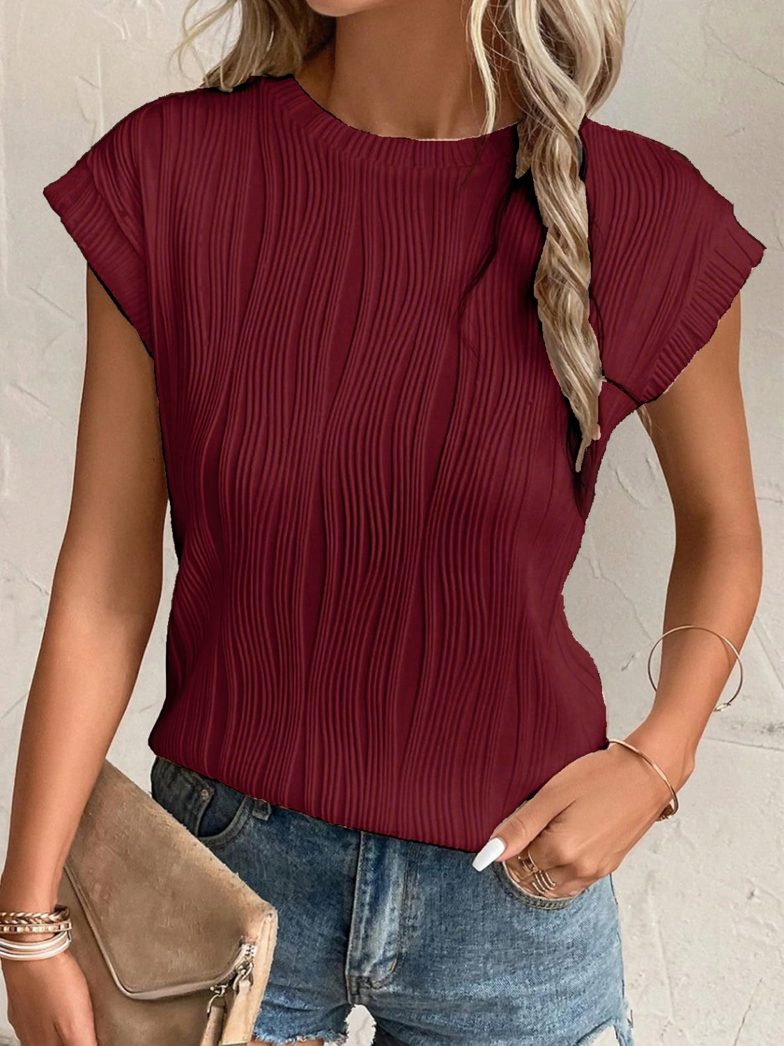 Textured Round Neck Cap Sleeve T-Shirt